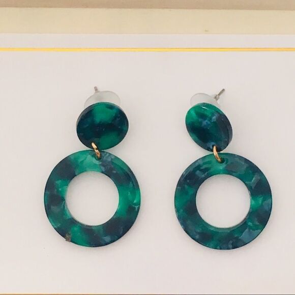 Green Marble Design Acrylic Circle Drop Earrings NWT - Picture 4 of 7